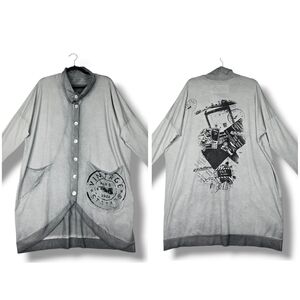 Luuka Gray Button Up Oversize Tunic Lightweight Pockets Black Graphic sz Small